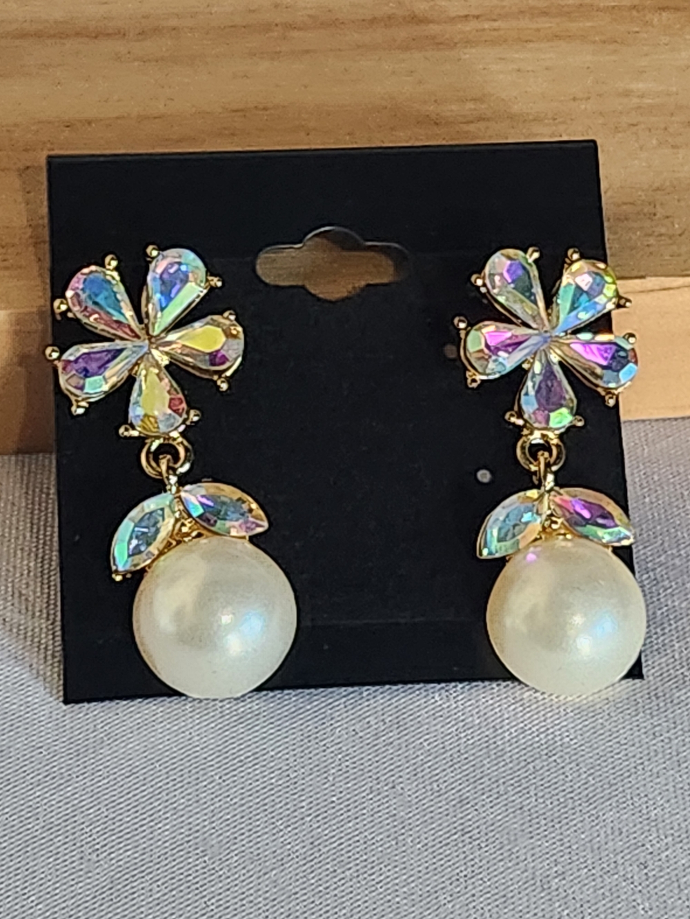 Aurora Crystal Flower Drop Earrings with Ivory Pearl - Gold-Tone